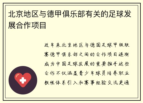北京地区与德甲俱乐部有关的足球发展合作项目